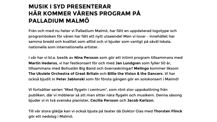 Musik i Syd presenterar: Här kommer vårens program på Palladium Malmö – NYTT