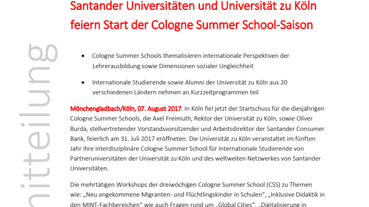 Santander Universitäten und Universität zu Köln feiern Start der Cologne Summer School-Saison