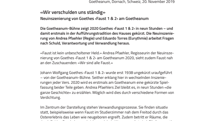 «Wir verschulden uns ständig». ​Neuinszenierung von Goethes ‹Faust 1 & 2› am Goetheanum