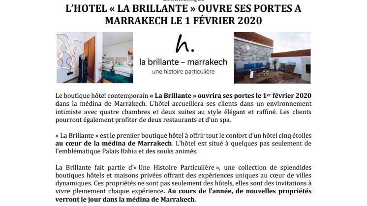 L’HOTEL « LA BRILLANTE » OUVRE SES PORTES A MARRAKECH LE 1 FÉVRIER 2020
