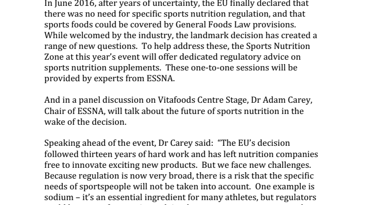 PRESS RELEASE: Vitafoods Europe teams up with ESSNA  to tackle sports nutrition challenges