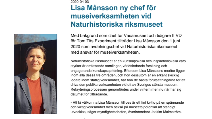 Lisa Månsson ny chef för museiverksamheten vid Naturhistoriska riksmuseet