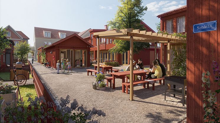 LINK Arkitektur, i samarbete med Projektlaget, vinner i markanvisningstävling om de Röda husen i Lidköping. Bild: Visulent