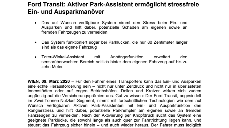​Ford Transit: Stressfreie Ein- und Ausparkmanöver dank aktivem Park-Assistenten 