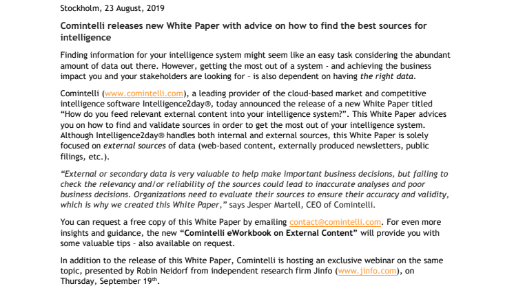 Comintelli releases new White Paper with advice on how to find the best sources for intelligence