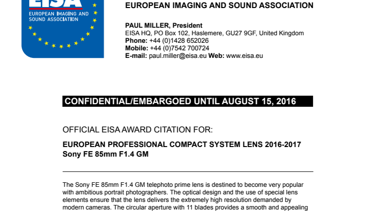 EISA Award Citation_Pro Compact System Lens