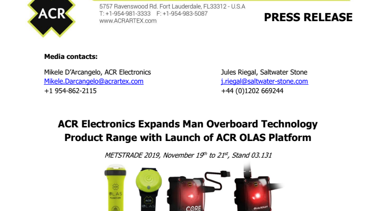 METSTRADE 2019: ACR Electronics Expands Man Overboard Technology Product Range with Launch of ACR OLAS Platform
