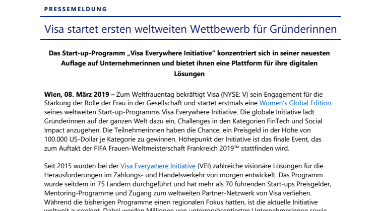 Visa startet ersten weltweiten Wettbewerb für Gründerinnen