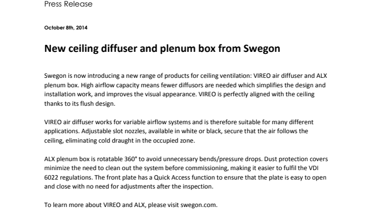 New ceiling diffuser and plenum box from Swegon