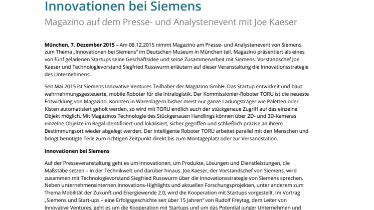 ​Innovationen bei Siemens: Magazino auf dem Presse- und Analystenevent mit Joe Kaeser