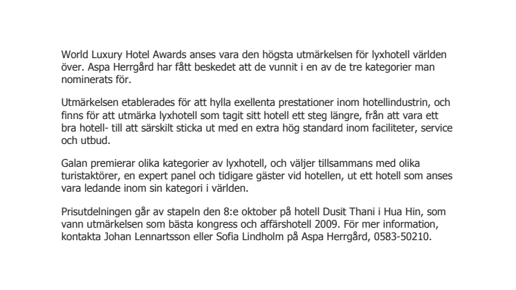 Aspa Herrgård vinnare i World Luxury Hotel Awards 2010