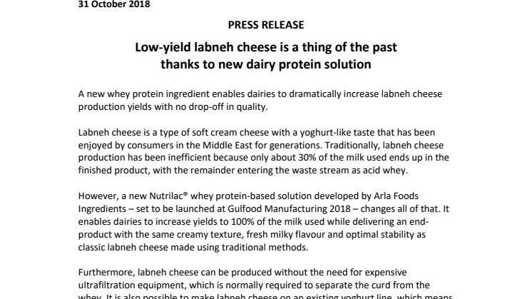 PRESS RELEASE – Low-yield labneh cheese is a thing of the past thanks to new dairy protein solution 