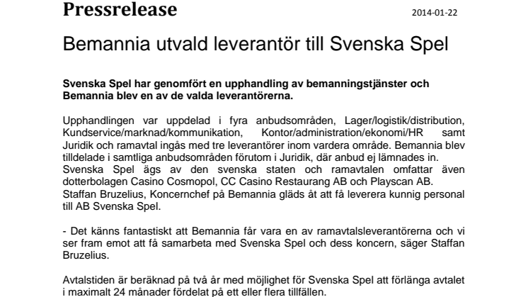 Bemannia utvald leverantör till Svenska Spel 