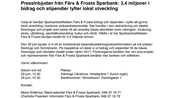 Pressinbjudan från Färs & Frosta Sparbank: 3,4 miljoner i bidrag och stipendier lyfter lokala projekt