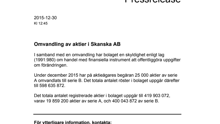Omvandling av aktier i Skanska AB