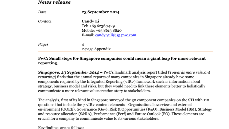 PwC: Small steps for Singapore companies could mean a giant leap for more relevant reporting