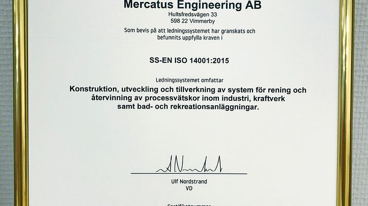 Mercatus miljöcertifikat ISO 14001