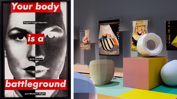 Barbara Kruger, Untitled (Your Body is a Battleground), 1989. Photo: Jochen Arentzen, Courtesy of the artist and Sprüth Magers. Hella Jongerius – Breathing Colour, Design Museum London. Photo: Luke Hayes. 