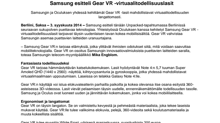 Samsung esitteli Gear VR -virtuaalitodellisuuslasit