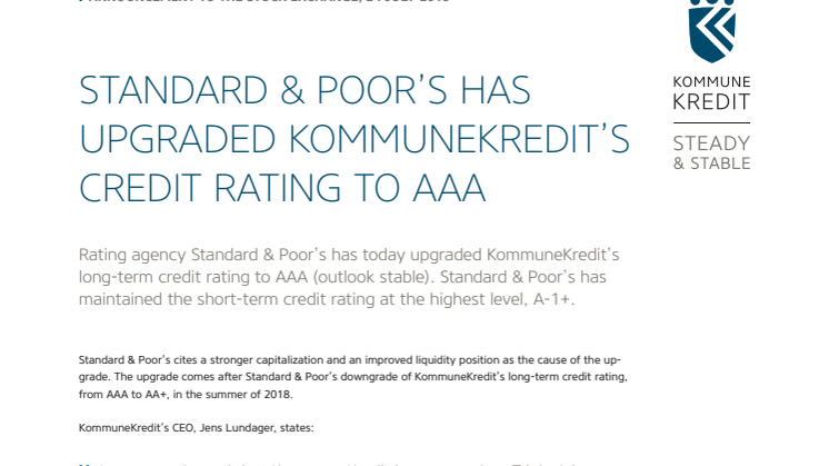 Standard & Poor's has upgraded KommuneKredit's credit rating to AAA