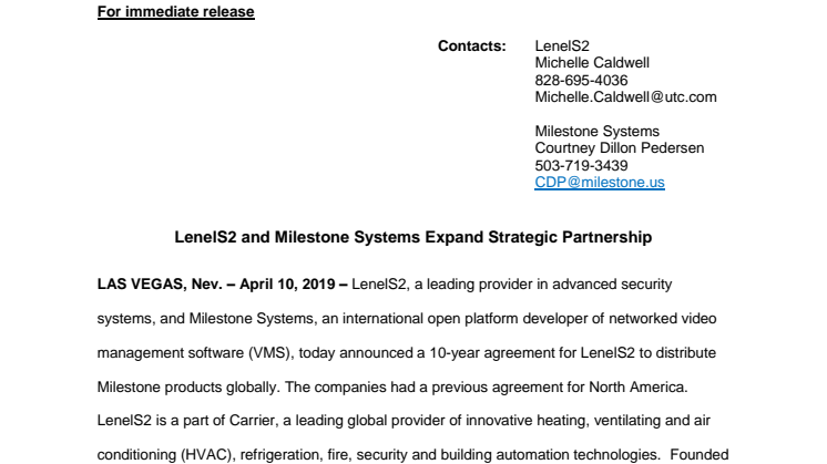 LenelS2 and Milestone Systems Expand Strategic Partnership