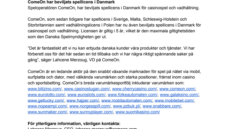 ComeOn har beviljats spellicens i Danmark