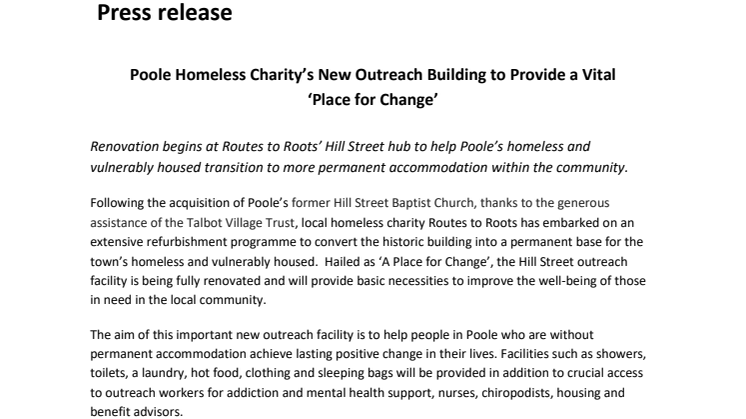 Poole Homeless Charity’s New Outreach Building to Provide a Vital  ‘Place for Change’
