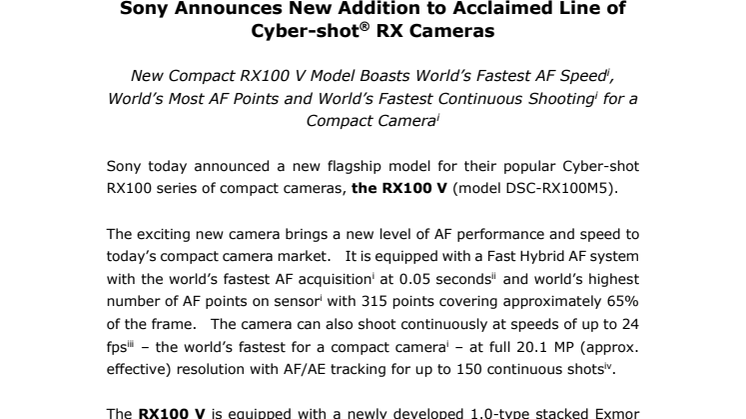 Sony udvider sin anmelderroste Cyber-shot®-serie med et nyt kamera – RX100 V 