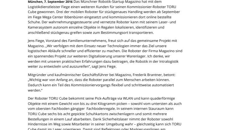 Pressemitteilung FIEGE kauft Magazino Roboter