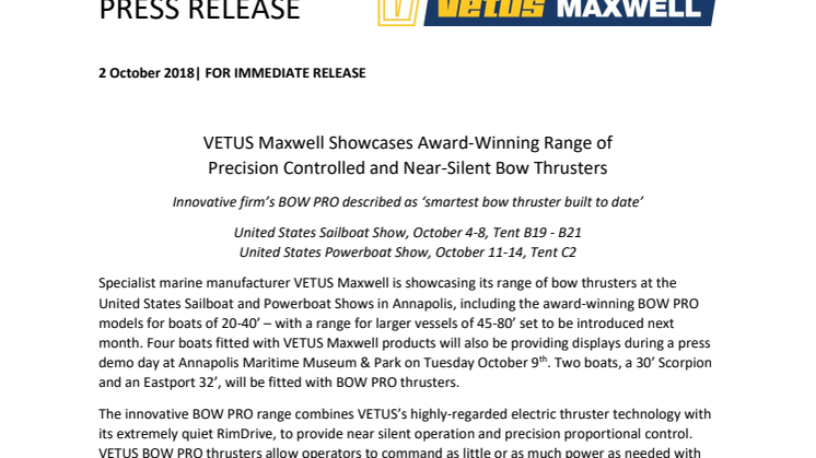 VETUS Maxwell Showcases Award-Winning Range of Precision Controlled and Near-Silent Bow Thrusters