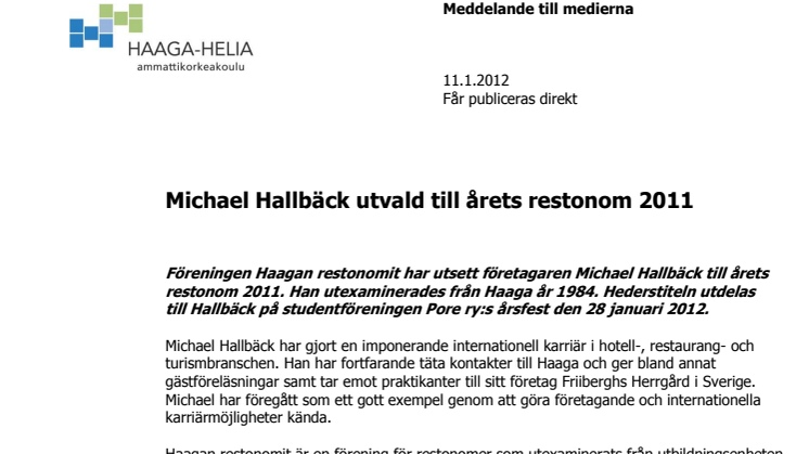 Michael Hallbäck utvald till årets restonom 2011