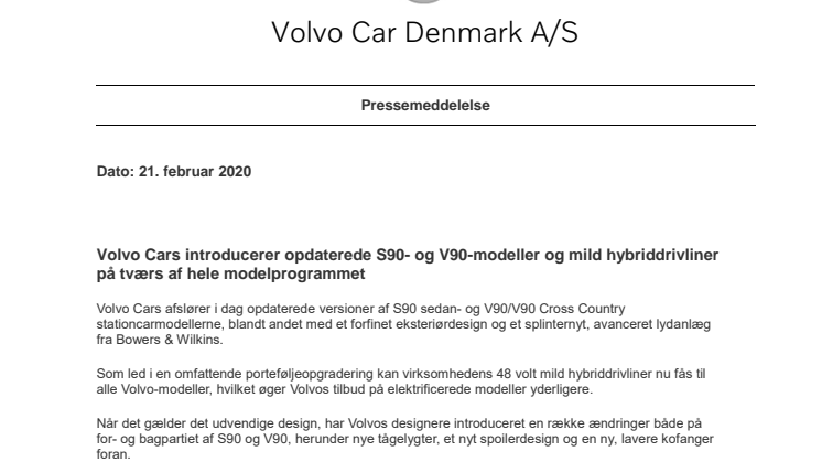 Volvo Cars introducerer opdaterede S90- og V90-modeller og mild hybriddrivliner på tværs af hele modelprogrammet 