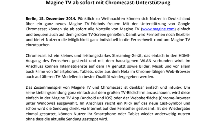 Magine TV ab sofort mit Chromecast-Unterstützung 