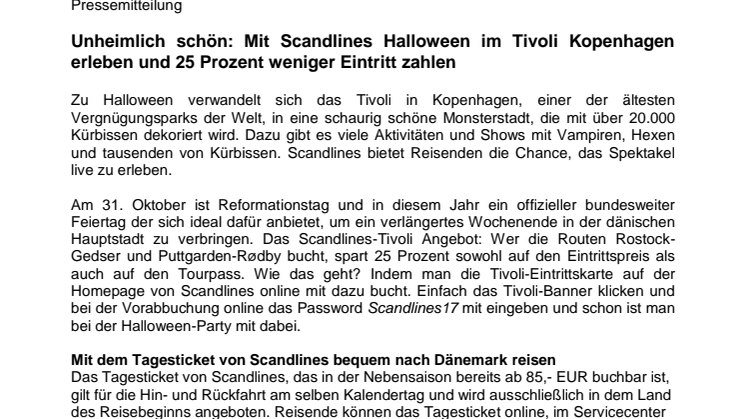 Unheimlich schön: Mit Scandlines Halloween im Tivoli Kopenhagen erleben und 25 Prozent weniger Eintritt zahlen