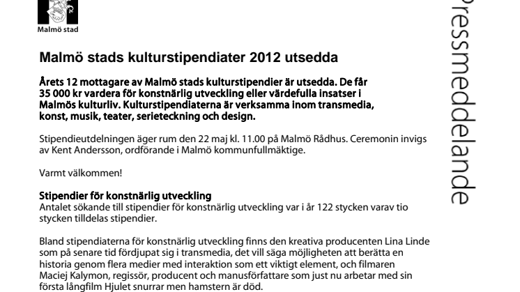 Malmö stads kulturstipendiater 2012 utsedda