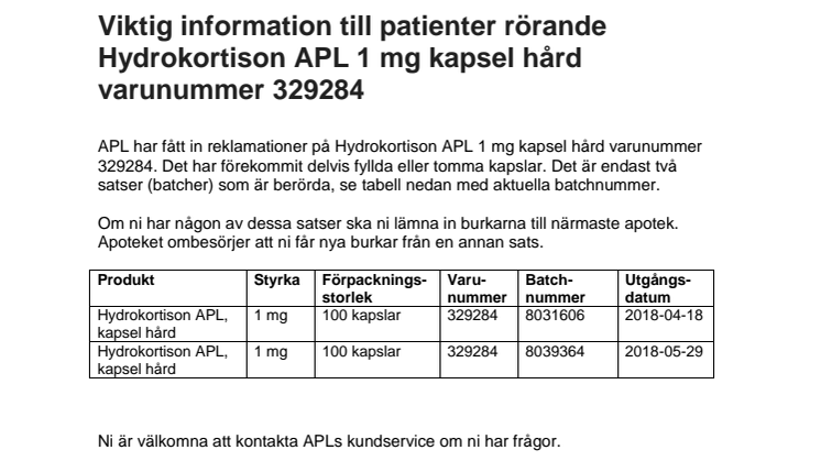 Viktig information till patienter rörande Hydrokortison APL 1 mg kapsel hård vnr 329284  