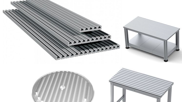Aluminiumprofiler för konstruktion inom industri- och  maskinteknik.