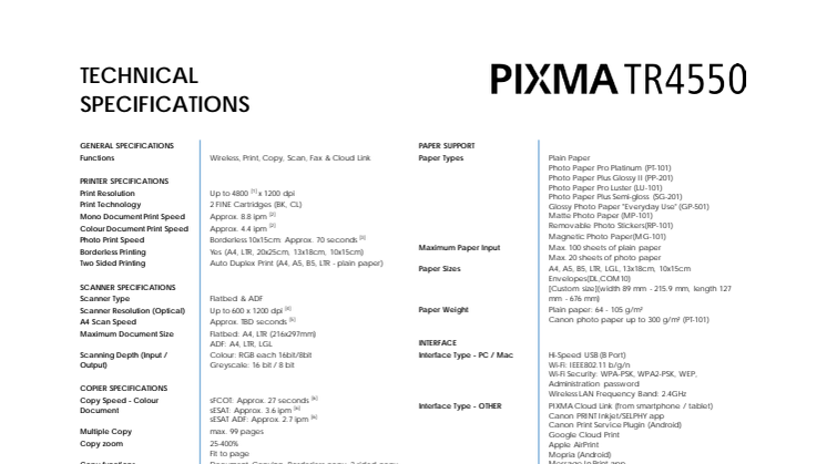 Pixma TR4550 Spec Sheet