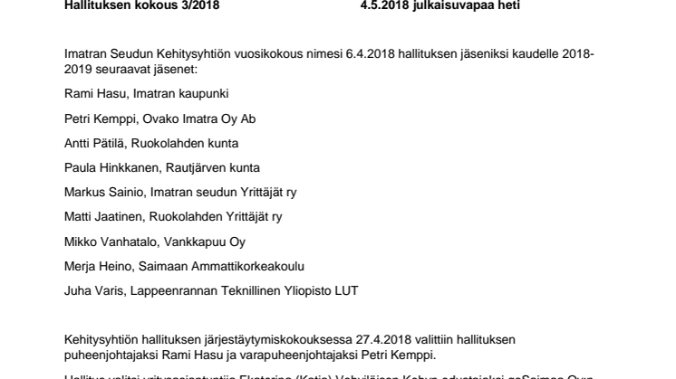 Imatran Seudun Kehitysyhtiön hallitus kaudelle 2018-2019