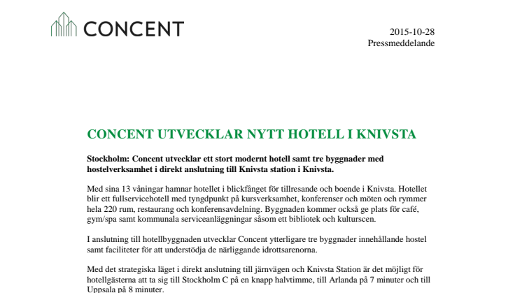 Concent utvecklar nytt hotell i Knivsta