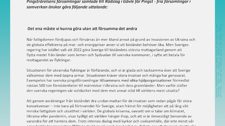 Uttalande från Pingströrelsens församlingar samlade till Rådslag i Gävle 2022