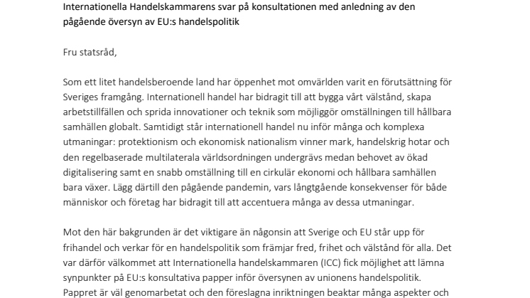 Brev till utrikeshandelsminister Hallberg ang. EU:s handelspolitiska översyn