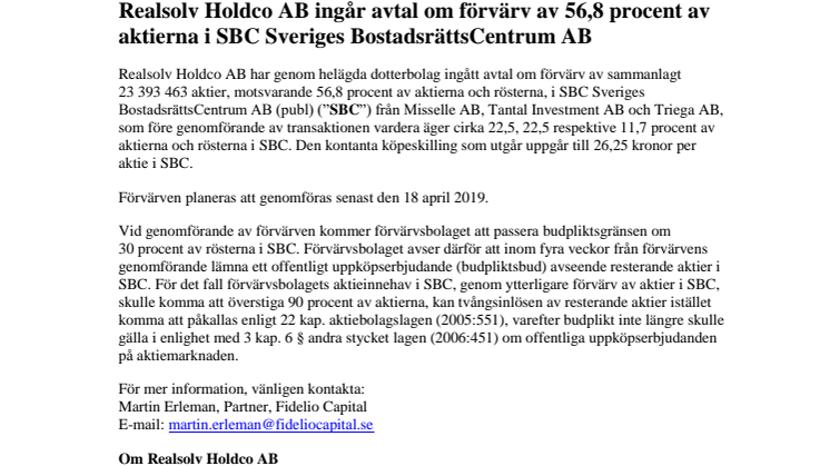 Realsolv Holdco AB ingår avtal om förvärv av 56,8 procent av aktierna i SBC Sveriges BostadsrättsCentrum AB