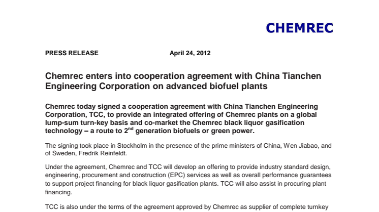 Chemrec enters into cooperation agreement with China Tianchen Engineering Corporation on advanced biofuel plants