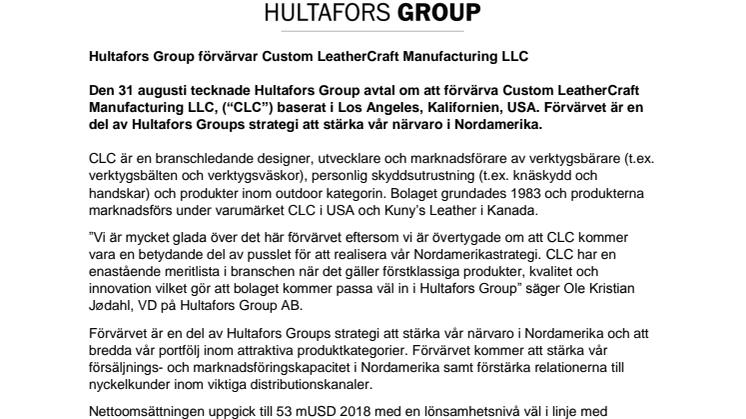 Hultafors Group förvärvar Custom LeatherCraft Manufacturing CLC