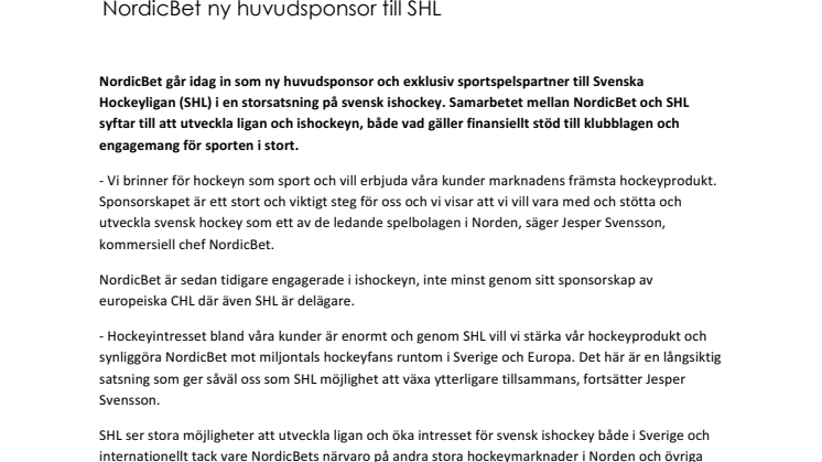 NordicBet ny huvudsponsor till SHL