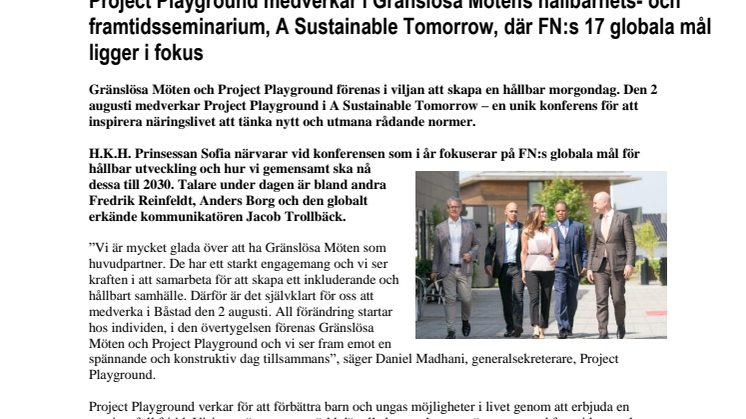 Project Playground medverkar i Gränslösa Mötens hållbarhets- och framtidsseminarium, A Sustainable Tomorrow, där FN:s 17 globala mål ligger i fokus