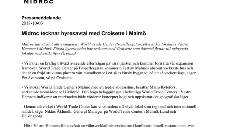 Midroc tecknar hyresavtal med Croisette i Malmö