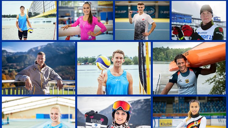 Collage Zurich Sports Team. Mitte: Alexander Walkenhorst; im Uhrzeigersinn: Sven Winter, Tabea Alt, Marvin Möller, Justus Strelow, Yul Oeltze, Anna Seidel, Ramona Hofmeister, Lisa Mayer, Johannes Lochner. 