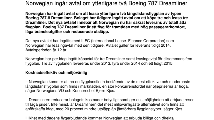 Norwegian ingår avtal om ytterligare två Boeing 787 Dreamliner